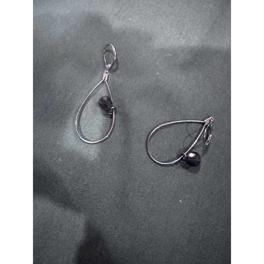 Silver Tone Open Teardrop Dangle Earrings with Faceted Black Bead Lever Back
